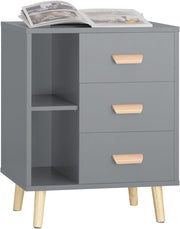 Modern Grey 3 Drawer Bedside Table with Shelves – Wooden Storage Cabinet