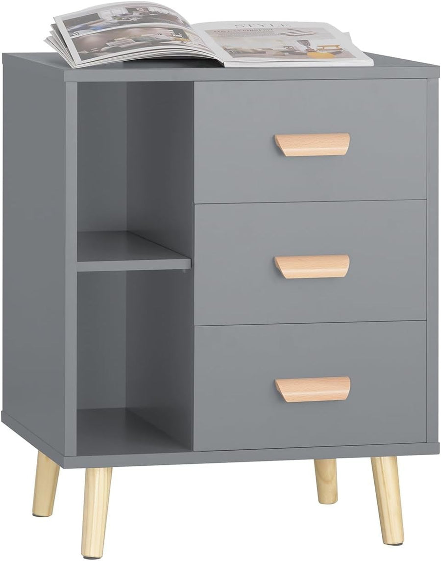 Modern Grey 3 Drawer Bedside Table with Shelves – Wooden Storage Cabinet