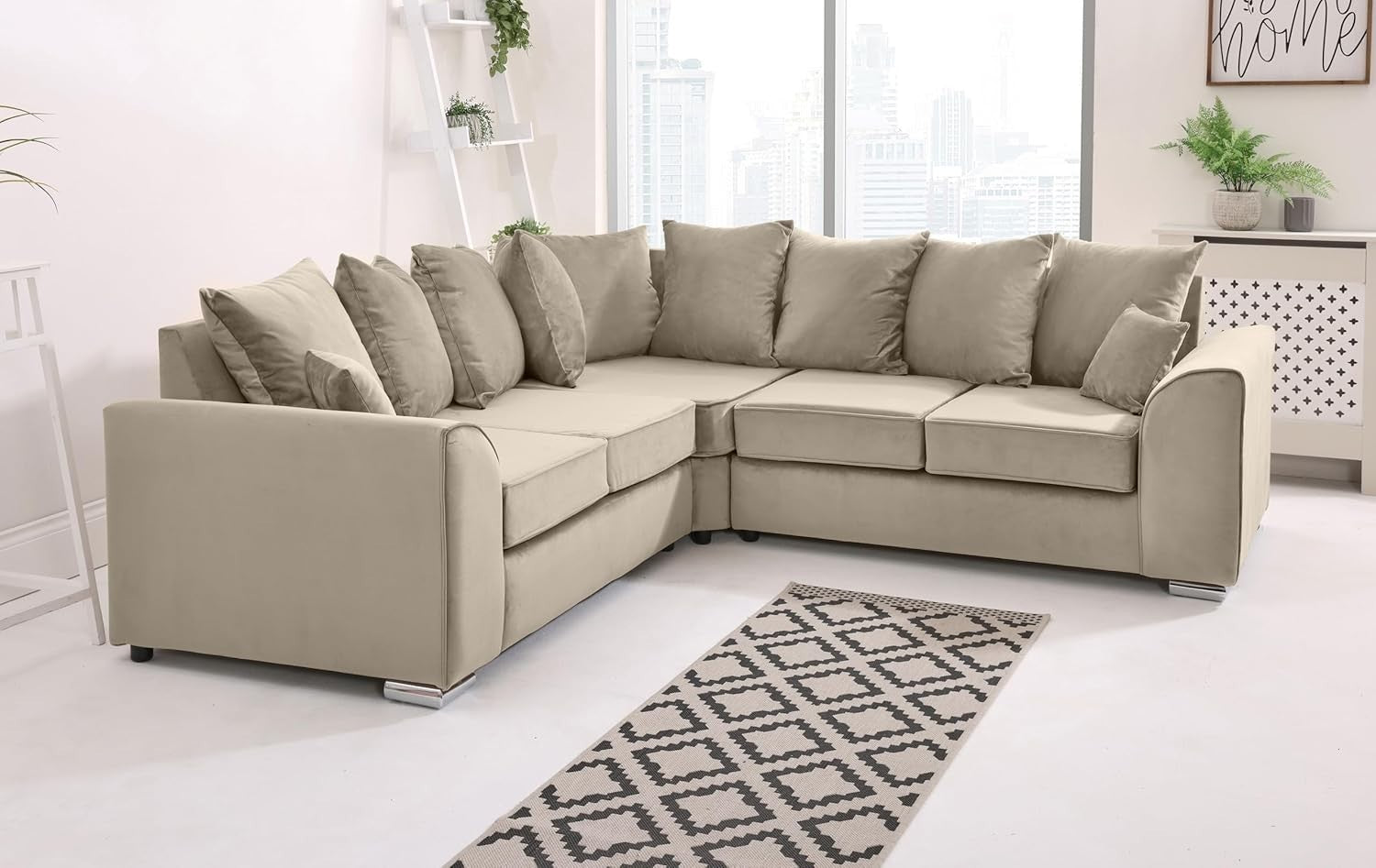 Cream Plush Velvet 5 Seater Corner Sofa –Scatterback Foam Cushions & Chrome Feet