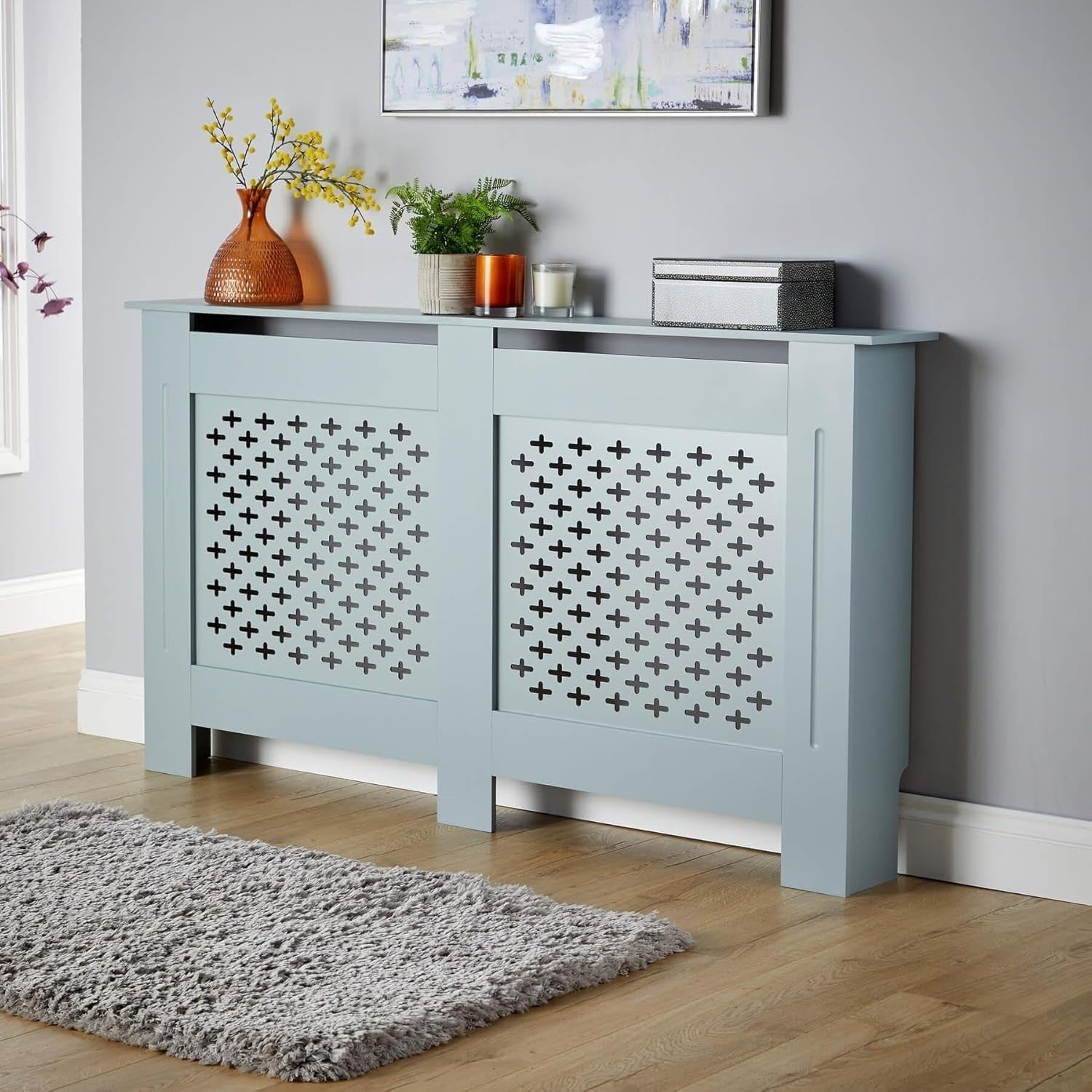 Grey Radiator Cover Large 152cm Wooden Cabinet with Decorative Grill & Shelf
