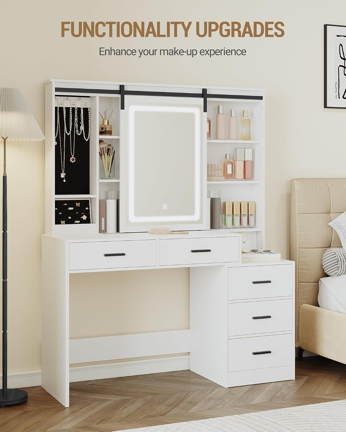 Modern Vanity Dressing Table LED Mirror Storage Drawers White Desk New