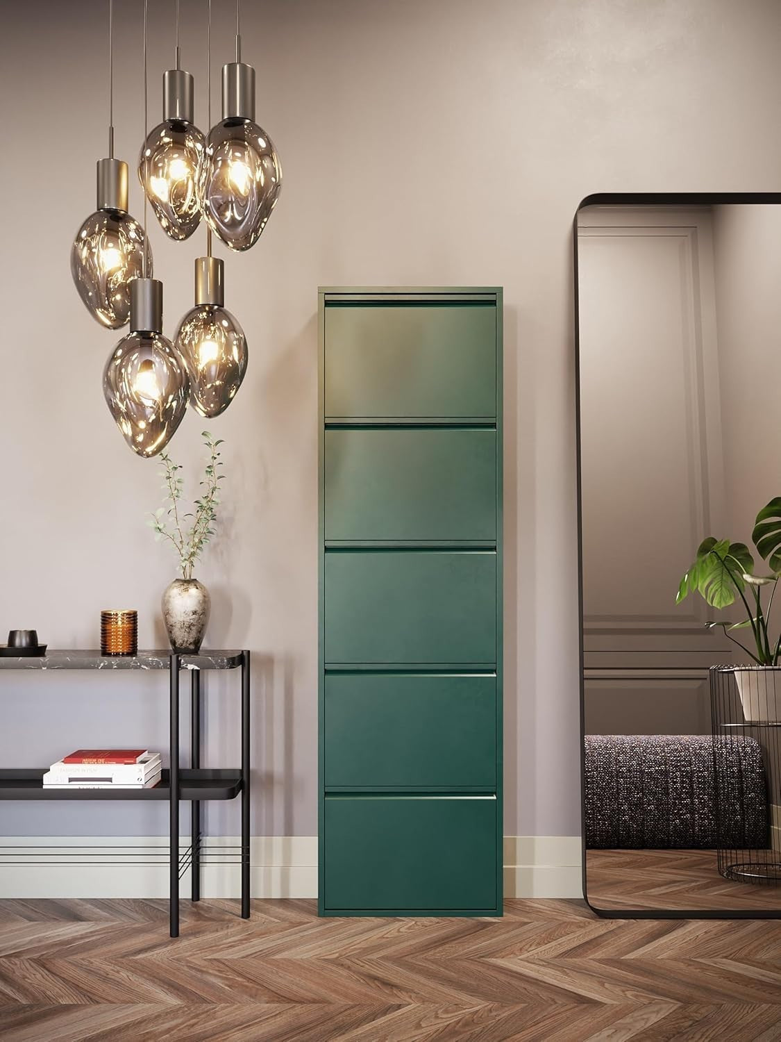 Slim 5-Drawer Shoe Cabinet Green – Space-Saving Metal Tilt Rack 170x50x15cm