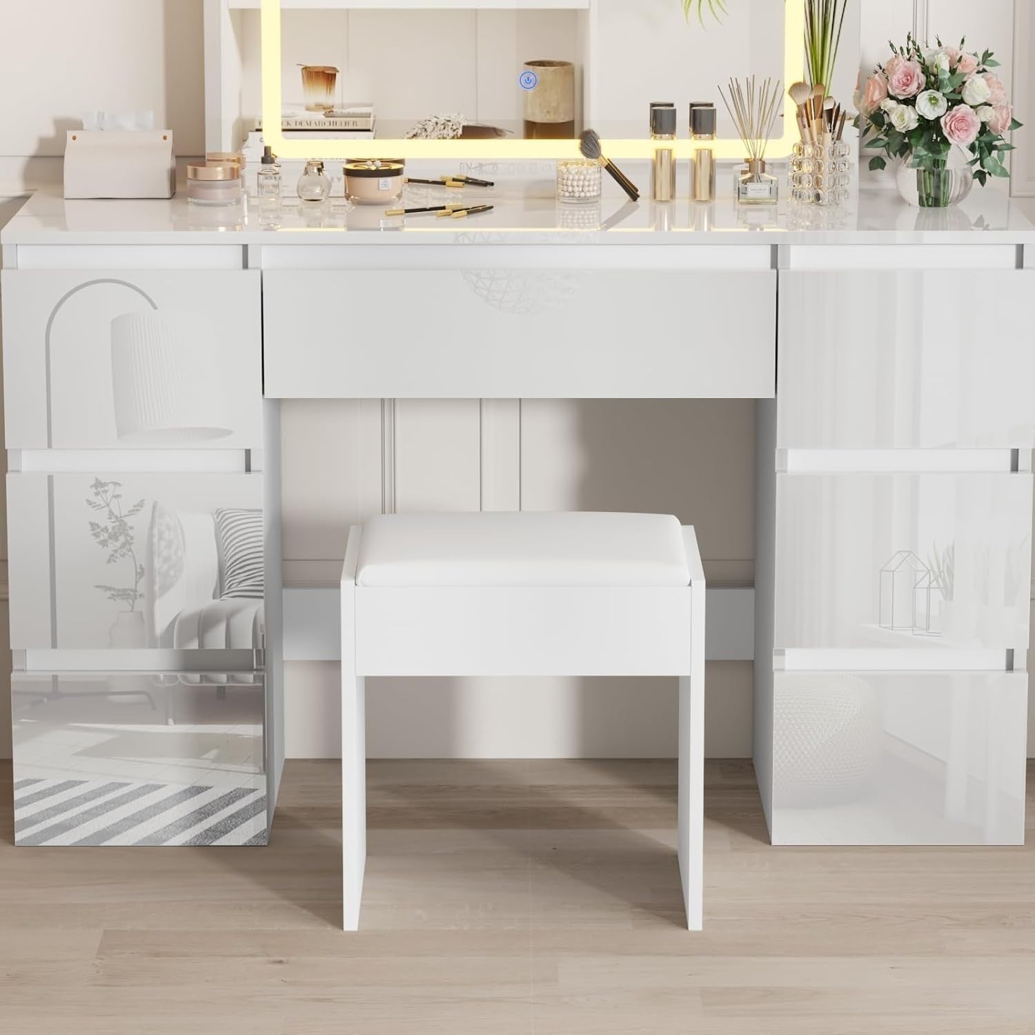 White Soft Padded Vanity Stool – Makeup Desk Chair Bench 40x30x40cm