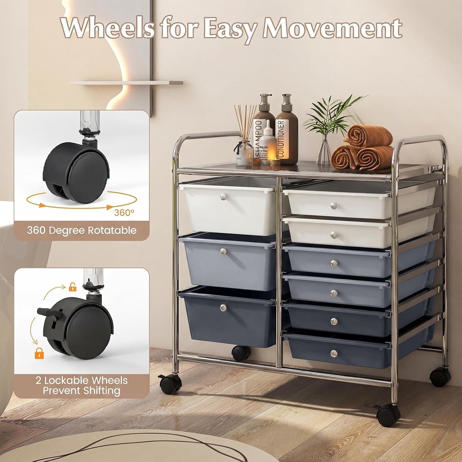 9 Drawer Rolling Storage Cart Utility Trolley Mobile Organiser Wheels