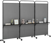 3 Panel Grey Folding Room Divider with Shelves & Wheels Privacy Screen 188cm