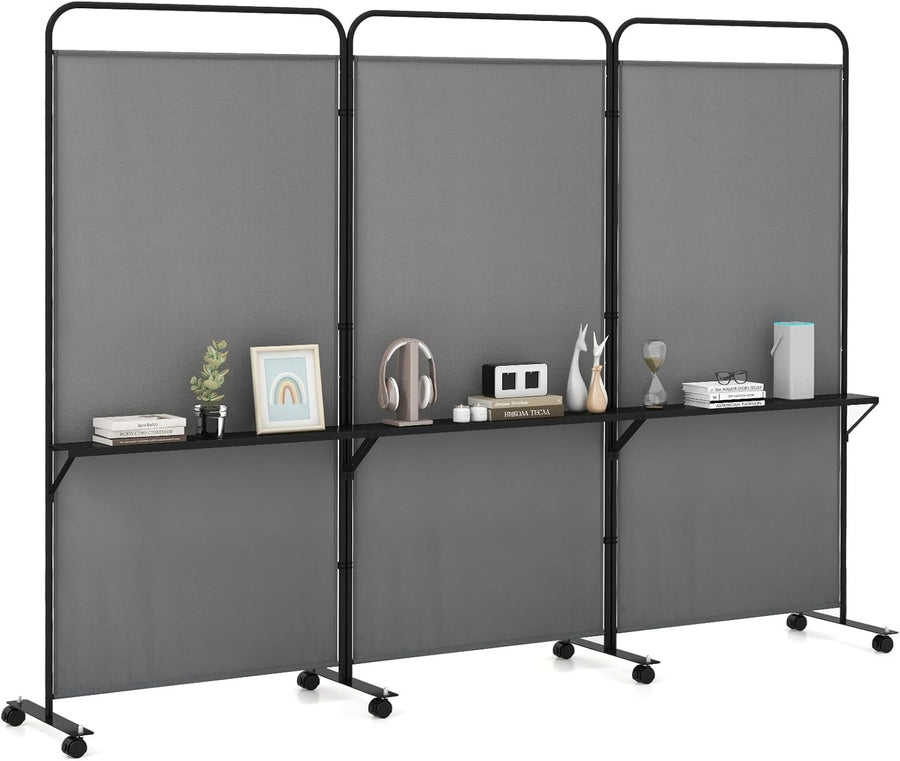 3 Panel Grey Folding Room Divider with Shelves & Wheels Privacy Screen 188cm