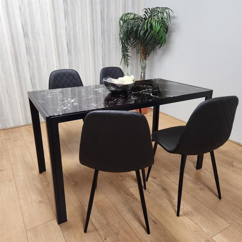 Black Marble Dining Table Set with 4 Leather Chairs Glass Top Kitchen