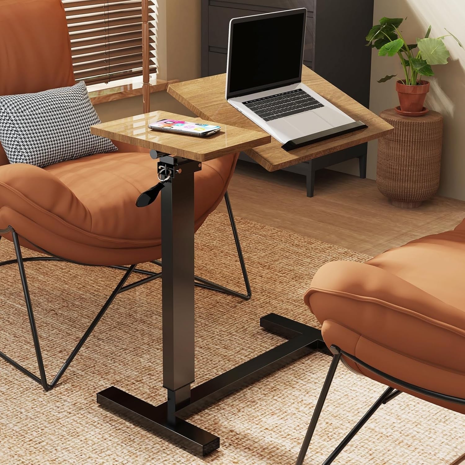 Brown Overbed Table Adjustable Height C Shape Rolling Laptop Desk