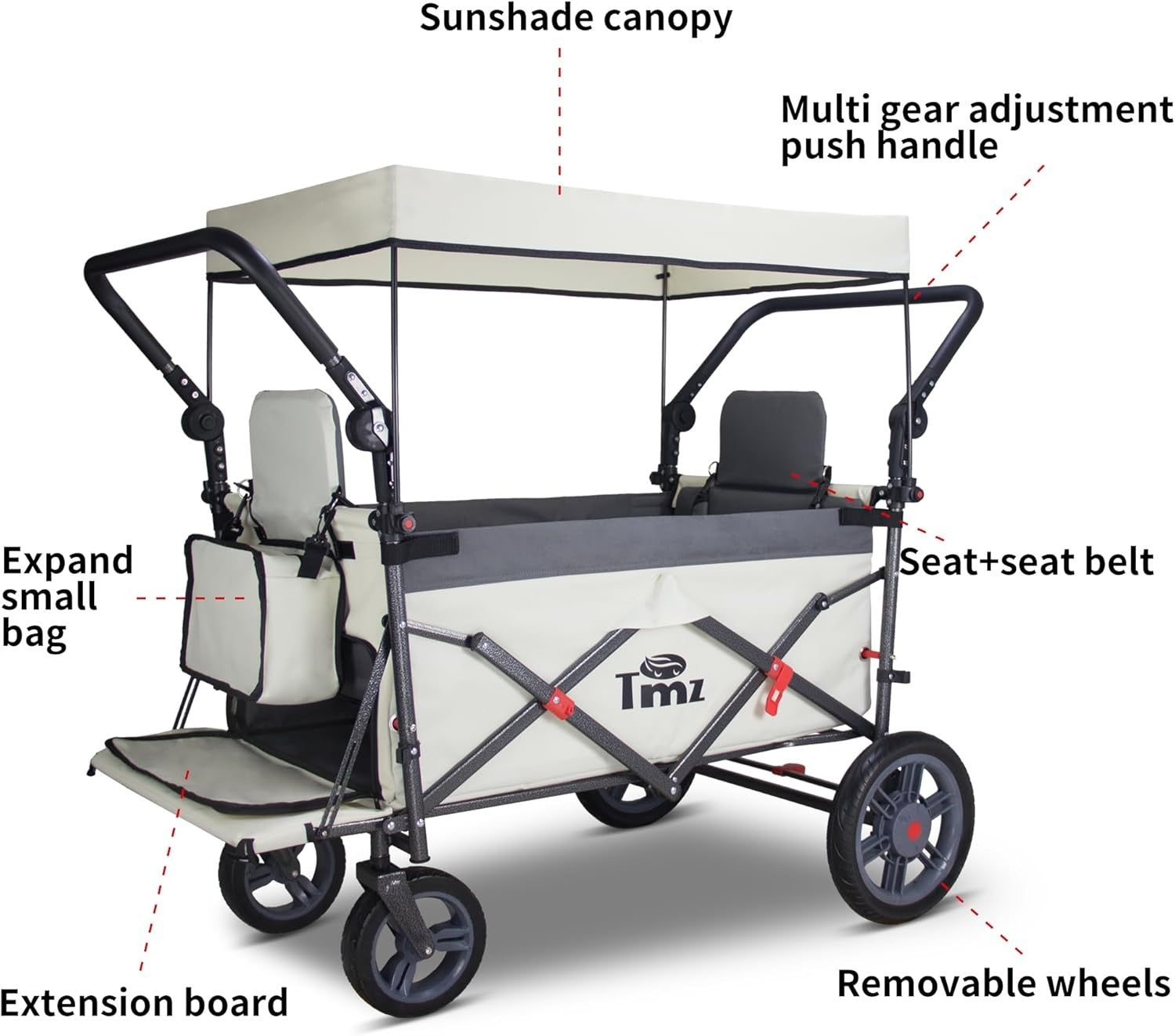 Folding Push Pull Wagon Cart 120kg Capacity w/ Canopy 2 Seats Expandable Front