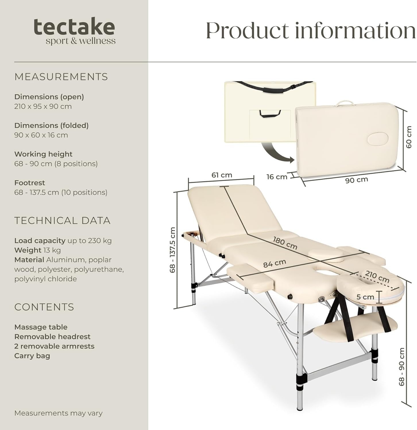 Portable 3 Section Massage Table Foldable Spa Beauty Bed 61cm Adjustable Beige