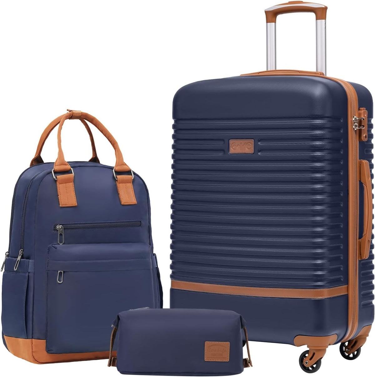 24'' Blue Brown Luggage Set Hard Shell TSA Lock 360 Spinner + Backpack