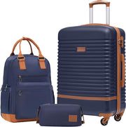 24'' Blue Brown Luggage Set Hard Shell TSA Lock 360 Spinner + Backpack