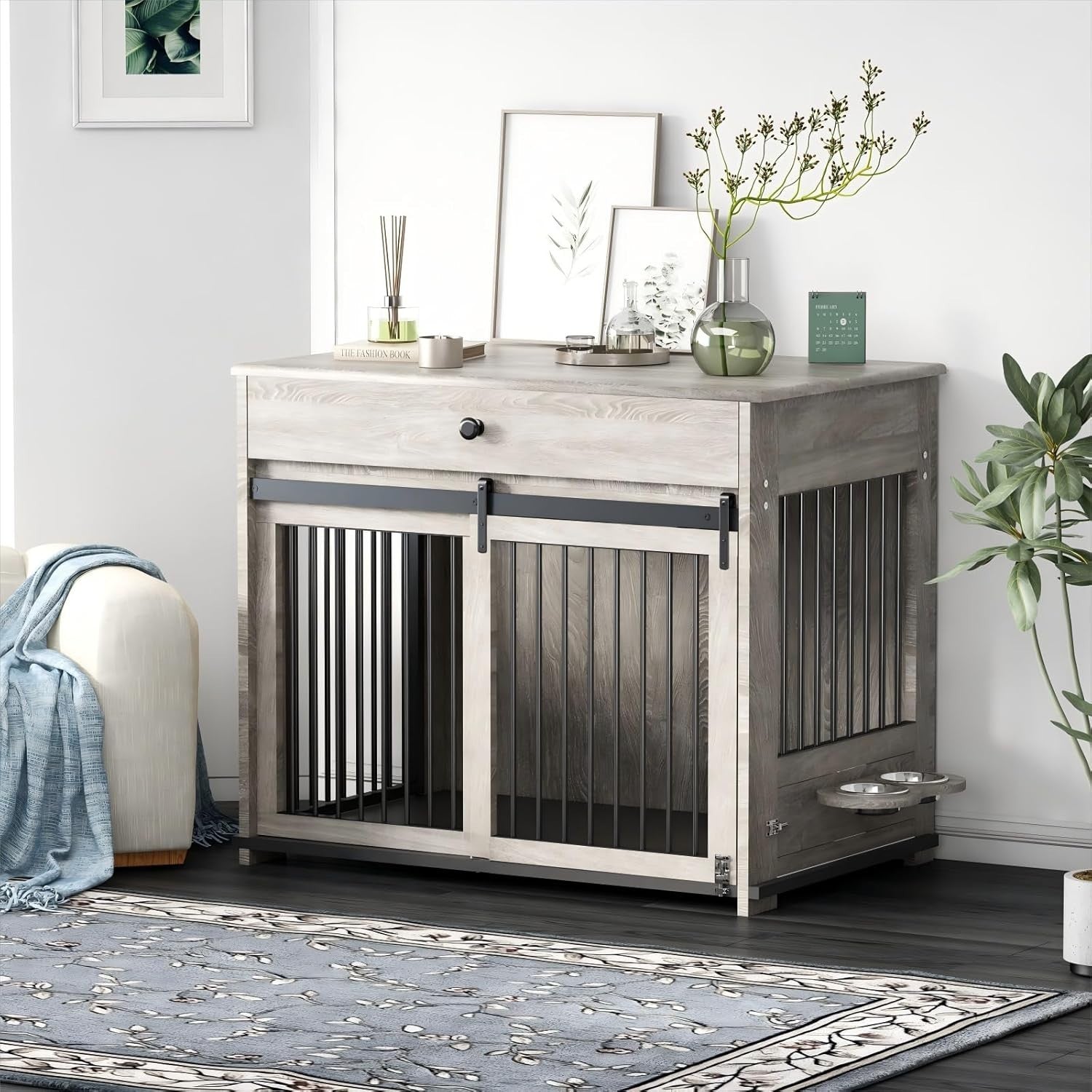 Large Indoor Wooden Dog Crate with Sliding Doors, Drawer & Rotatable Bowl