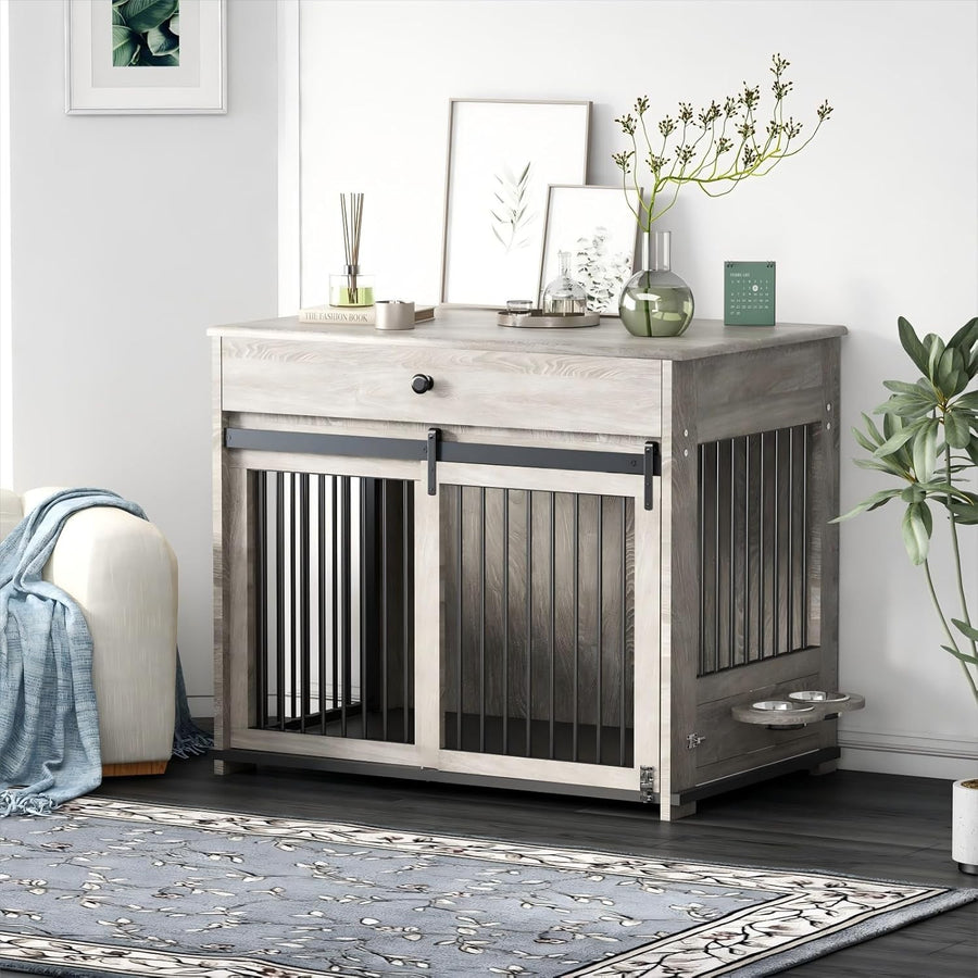 Large Indoor Wooden Dog Crate with Sliding Doors, Drawer & Rotatable Bowl