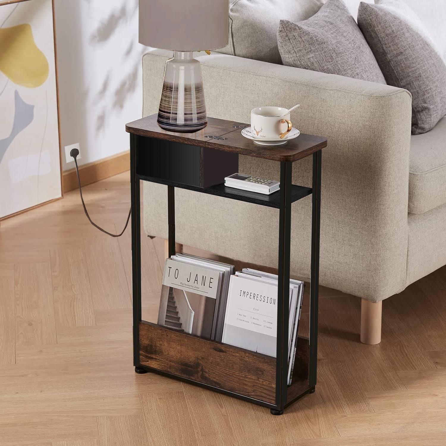 Multi-Functional Slim Side Table with Storage Rack & Magazine Holder