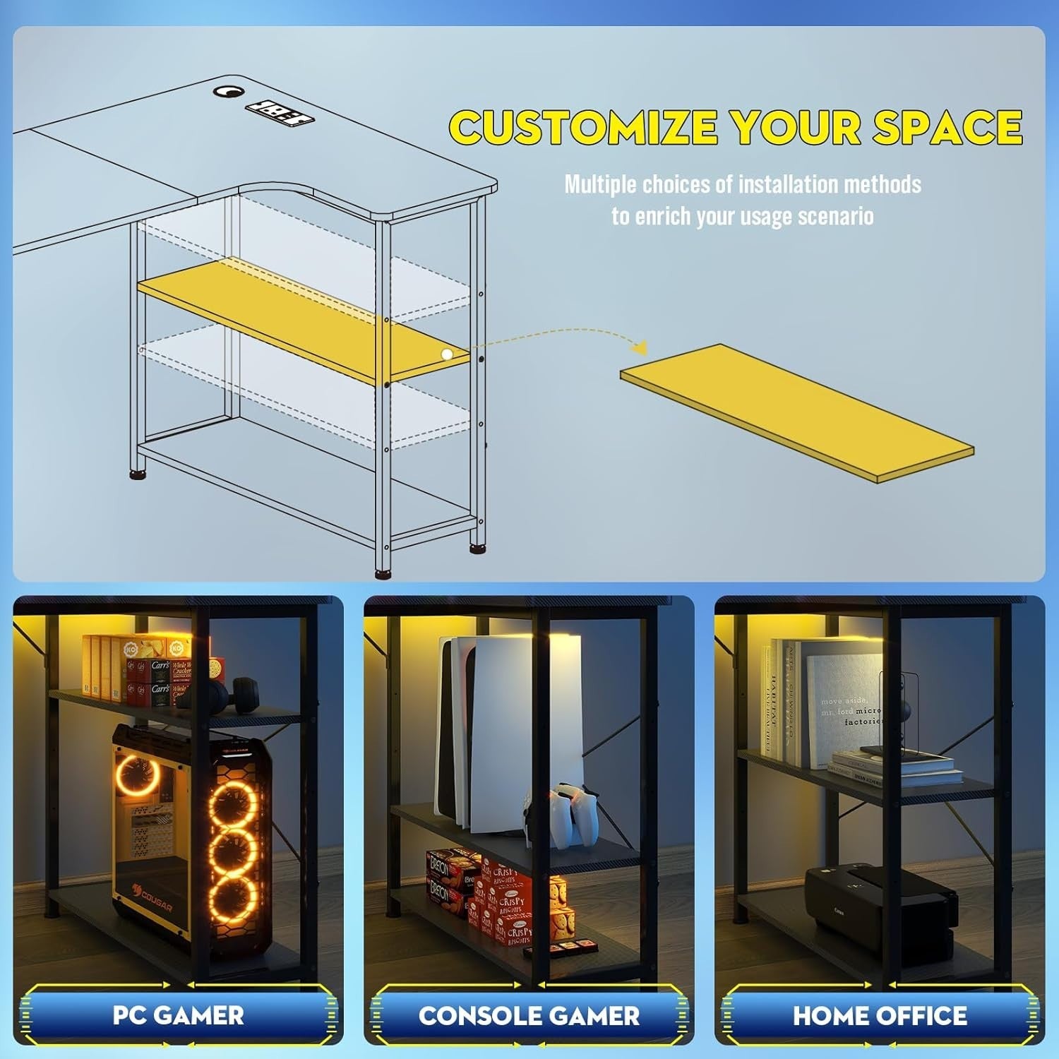 L Shaped Gaming Desk 130x80cm with USB Ports Shelves Hook Corner Office Table