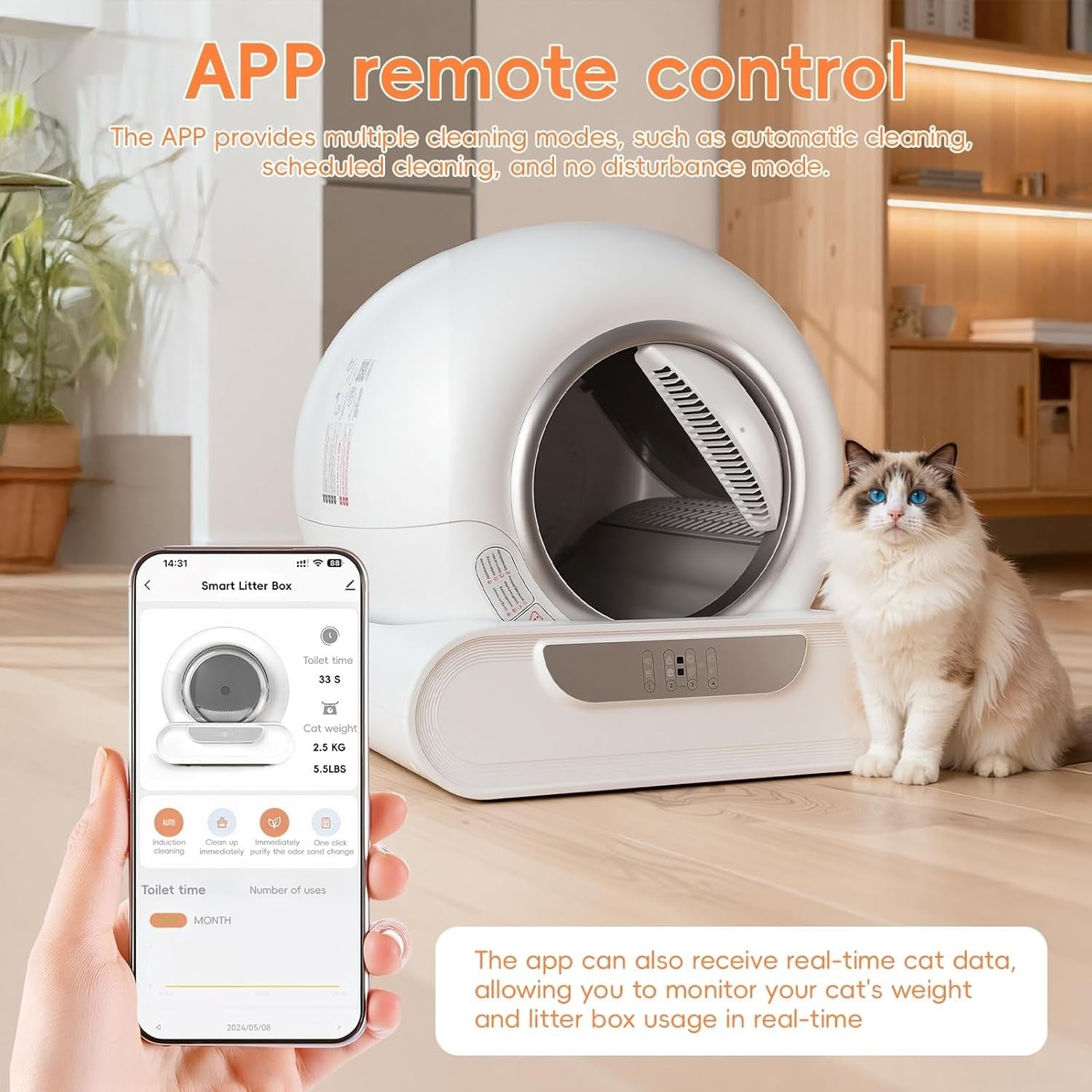 Self Cleaning Cat Litter Box APP Control 65L Odor Free Multi Cat XL