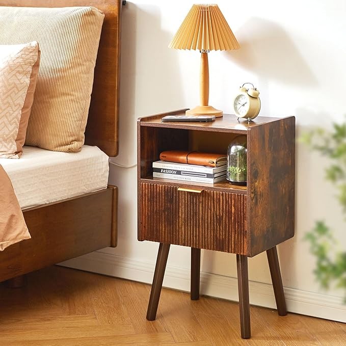 Rustic Brown Bedside Table with Drawer & Open Shelf – Modern 2-Tier Nightstand