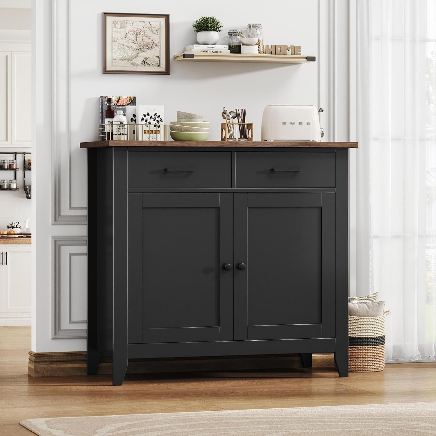 Black Sideboard Cabinet 2 Door 2 Drawer Freestanding Storage 91cm