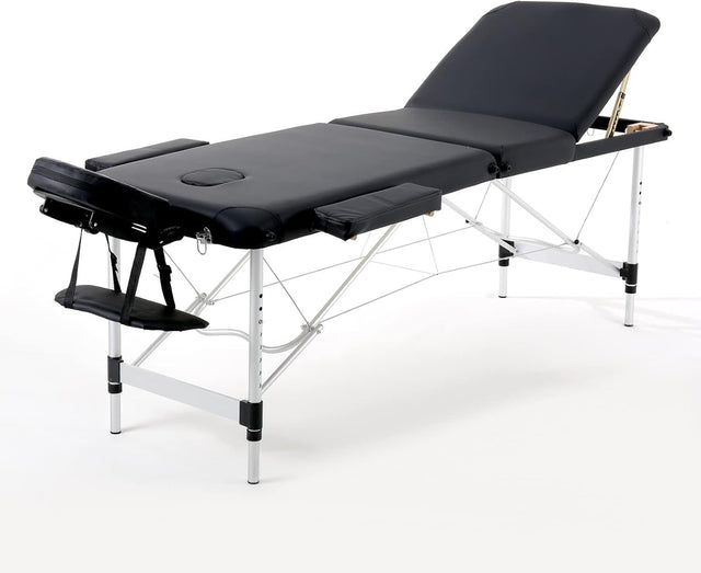 Portable Massage Table Foldable 3-Section Aluminium Therapy Bed Backrest Black