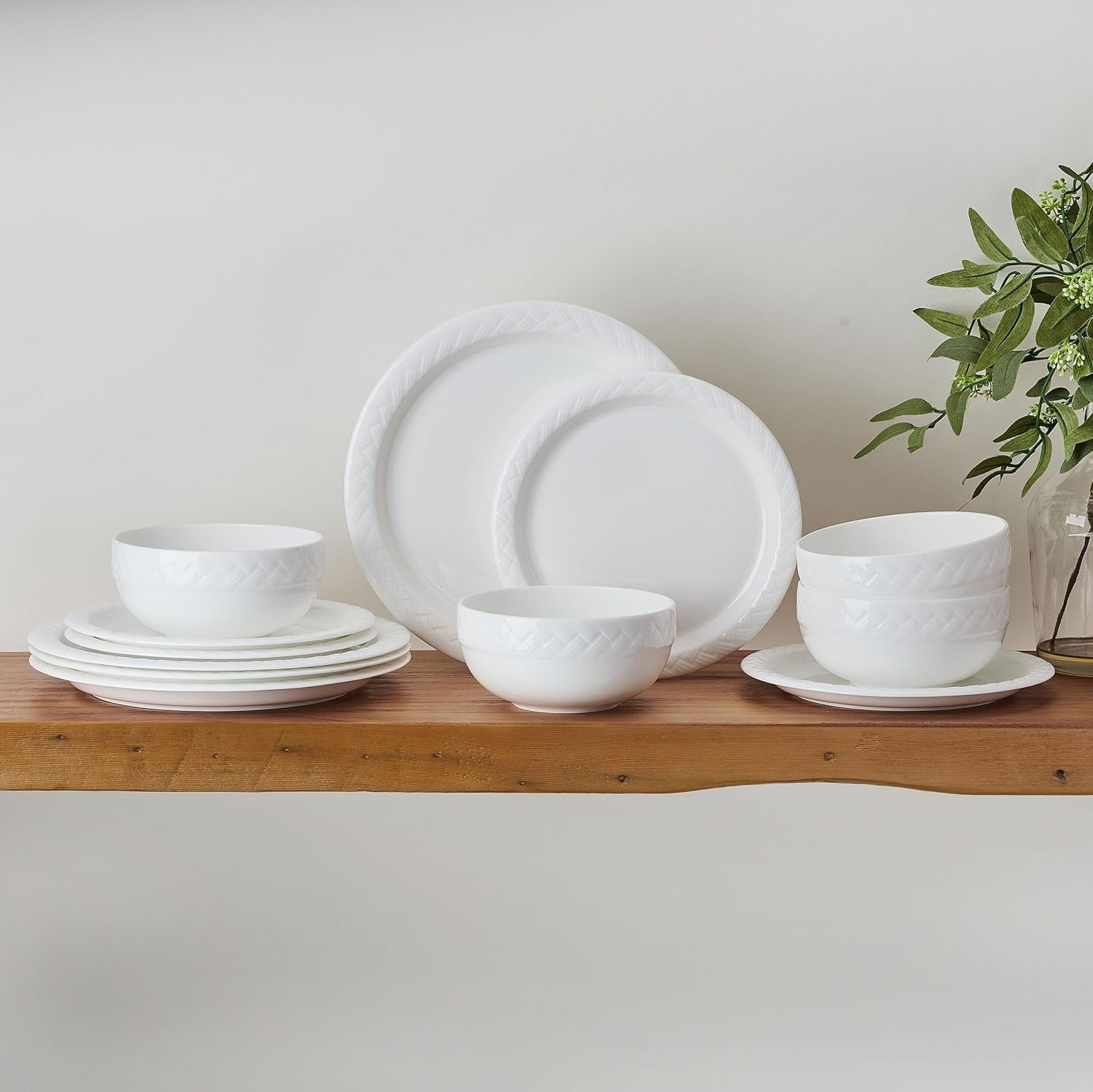 12 Piece Bone China Dinner Set Lightweight Chip Resistant Plates Bowls White