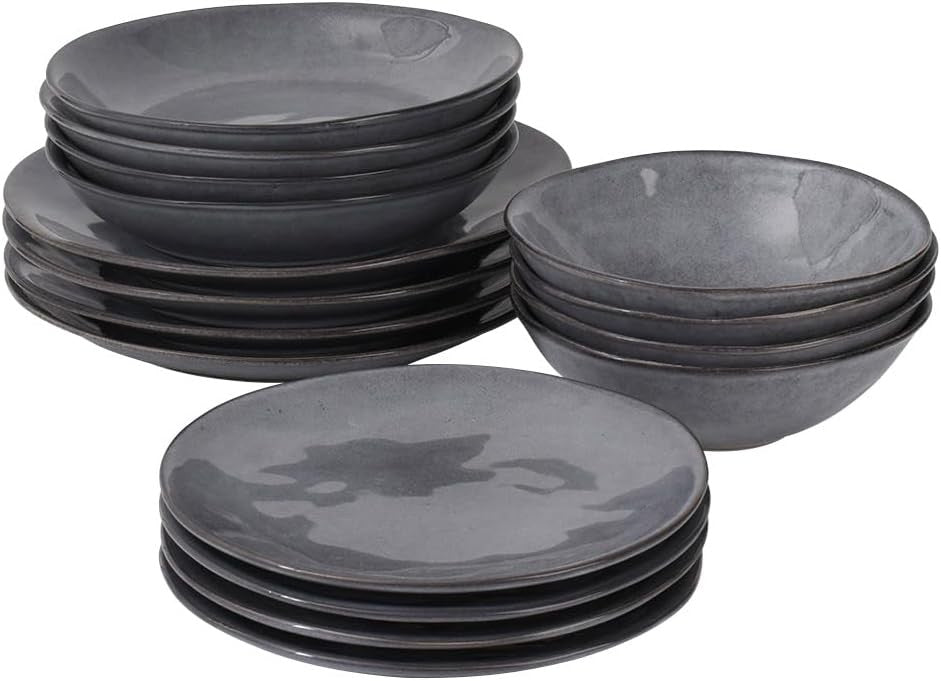 16pc Stoneware Dinner Set Charcoal Grey Plates Bowls Scandinavian Style