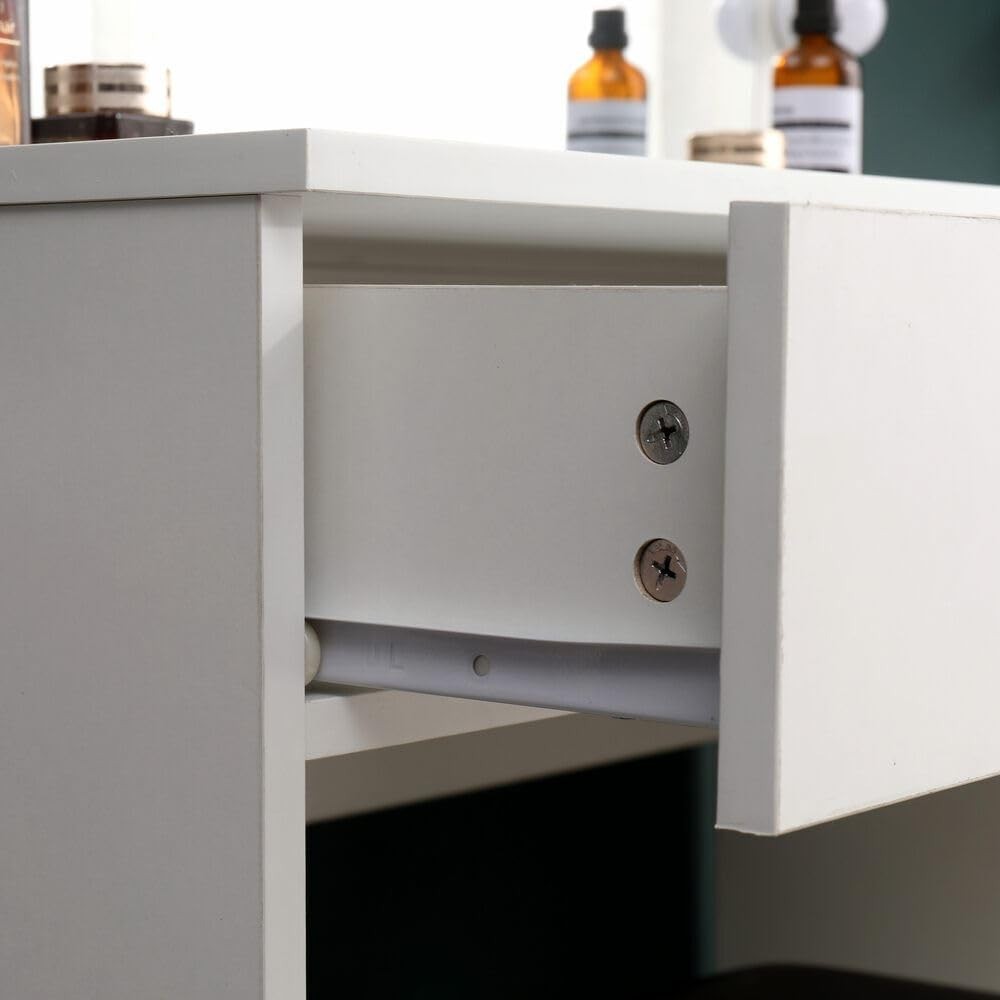 White Modern Dressing Table Vanity Desk with LED Mirror & Tuck-Under Stool