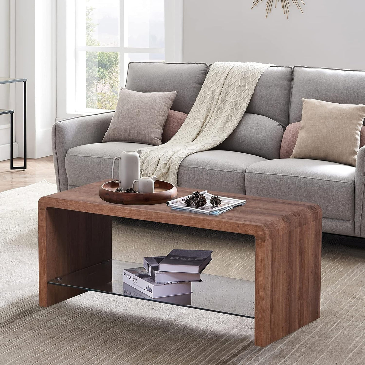 Brown Wood Style Coffee Table with Tempered Glass Shelf 100x45x45cm