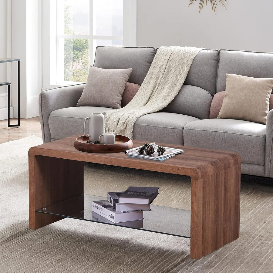 Brown Wood Style Coffee Table with Tempered Glass Shelf 100x45x45cm