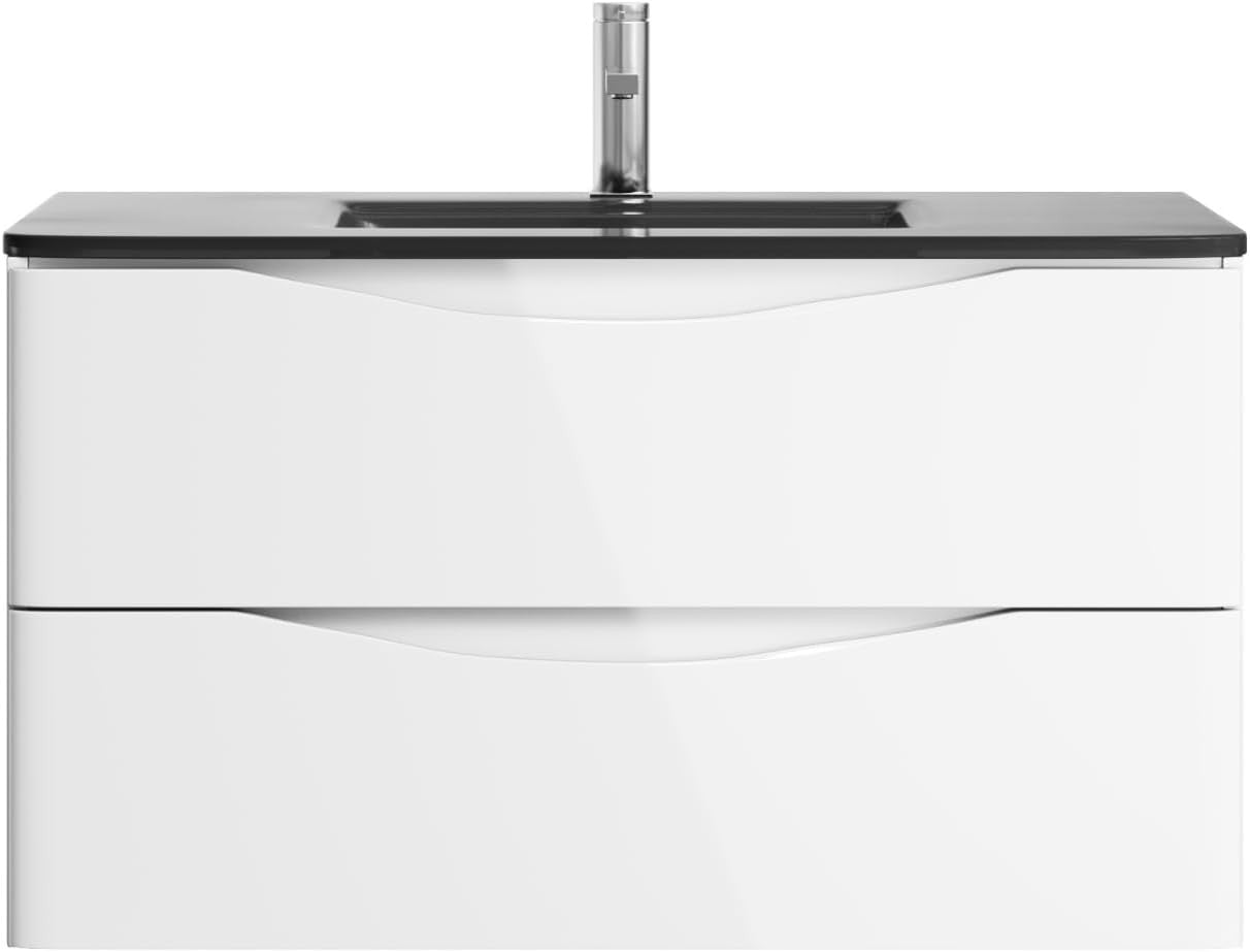 900mm Wall Hung Vanity Unit White Gloss with Grey Glass Basin Bathroom Storage