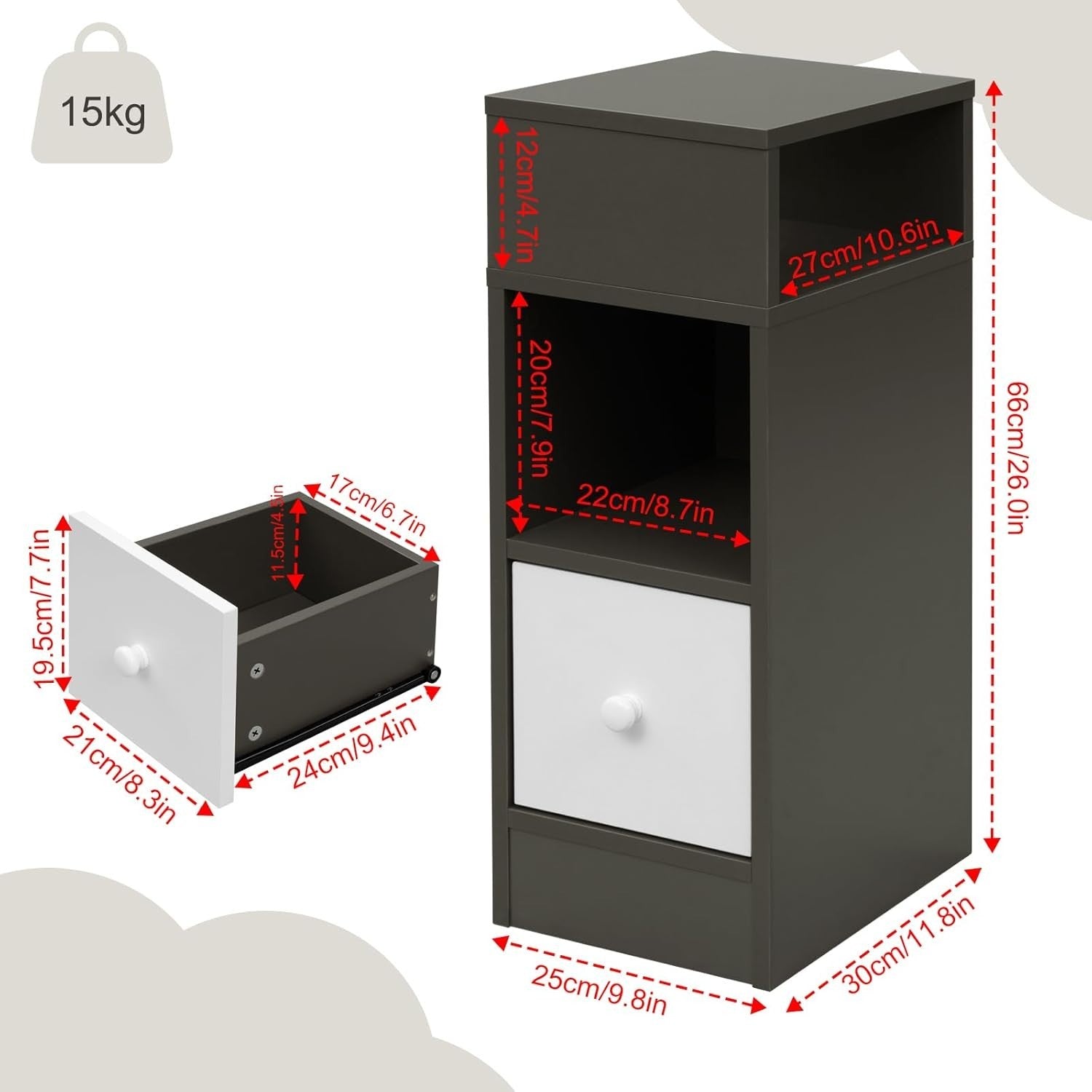 Set of 2 Slim Dark Grey Bedside Tables with Drawer & Open Shelves 25x30x66cm