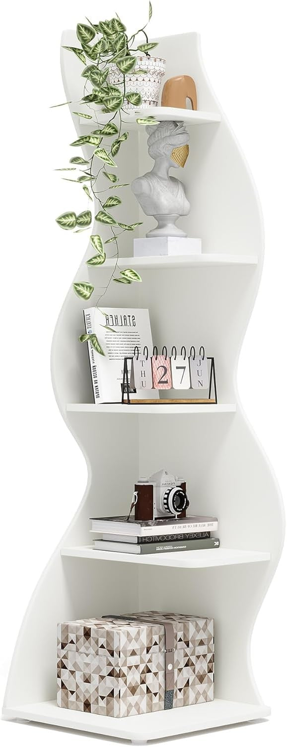 Modern 5-Tier Corner Bookshelf Wave Design Wall Storage Rack for Living Room
