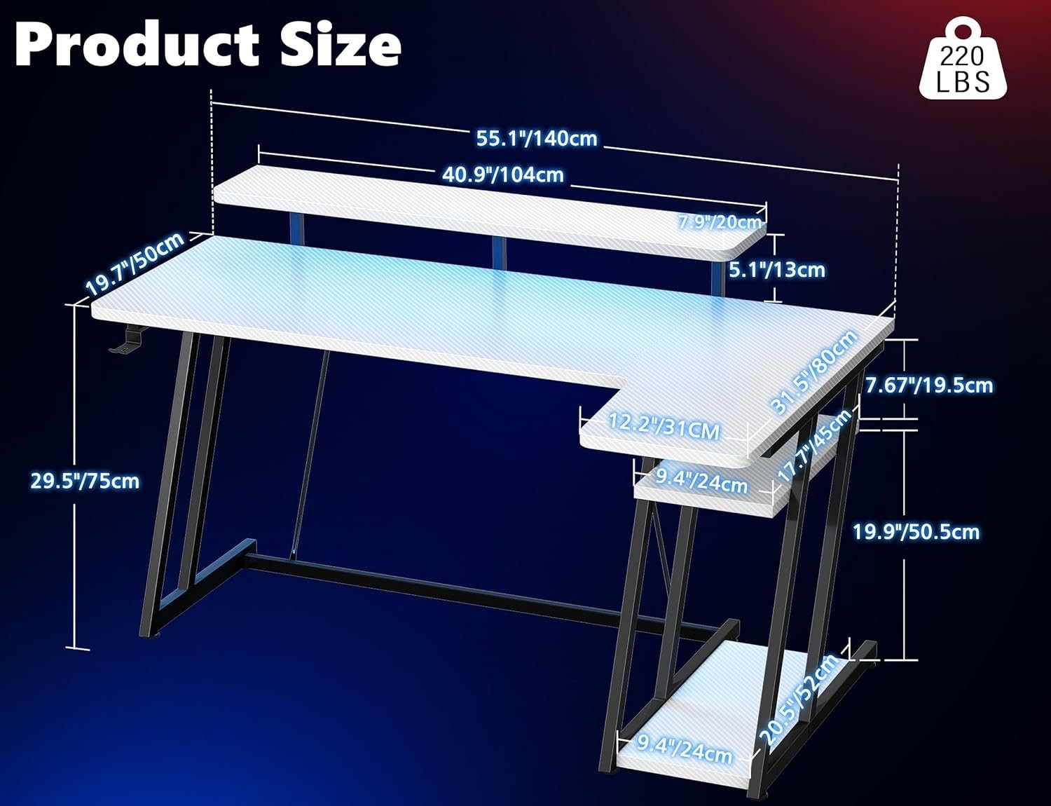 White 140cm L Shaped Gaming Desk w/LED Lights, Monitor Stand & Shelves