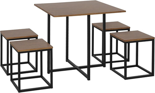 5-Piece Dining Table & 4 Stools Set Space-Saving Industrial Kitchen Table Brown