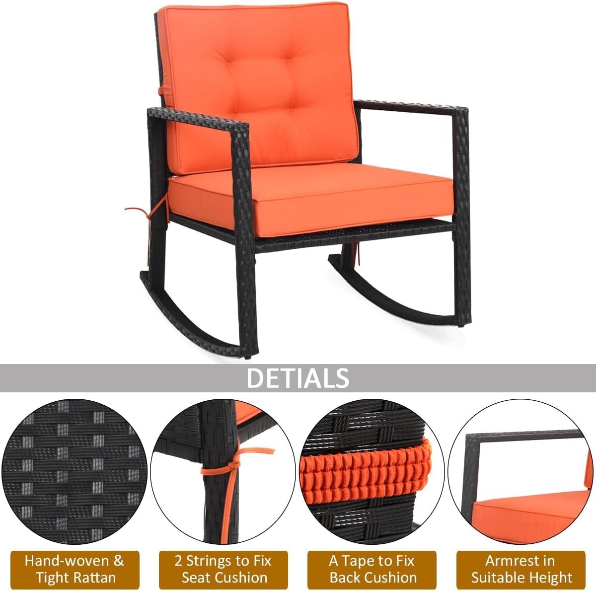 Orange Rattan Rocking Chair Cushioned Patio Garden Porch Outdoor Relax Seat