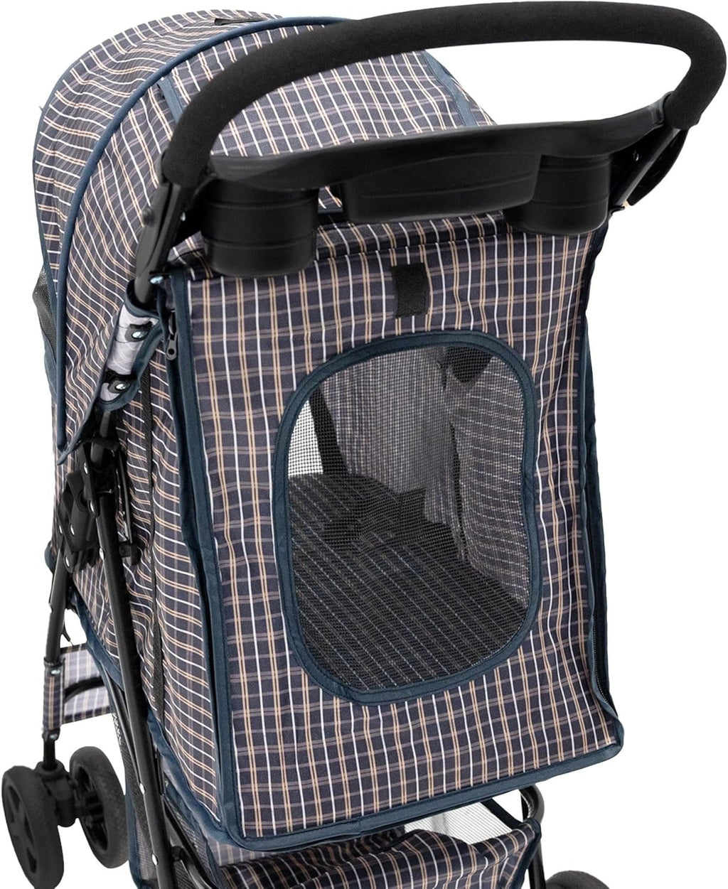 Blue Tartan Pet Stroller Pushchair Foldable Dog Cat Pram 15kg with Brakes