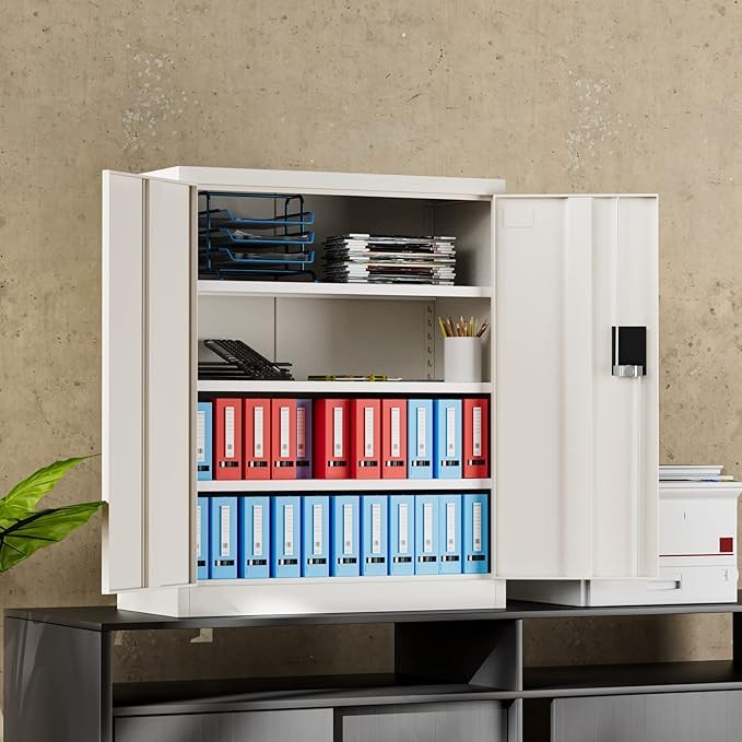 Metal Storage Cabinet with Lock, 3 Adjustable Shelves 109CM Office Cupboard