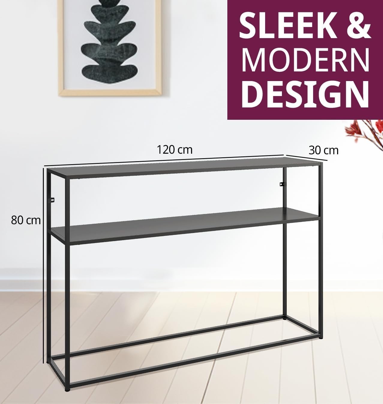 Black Metal Console Table with Shelf, Narrow Hallway Side Table, Storage