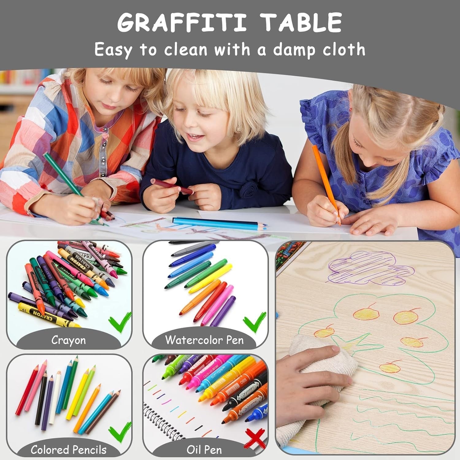 Kids Table and 4 Chairs Set Adjustable Height Study Play Dining Furniture Grey