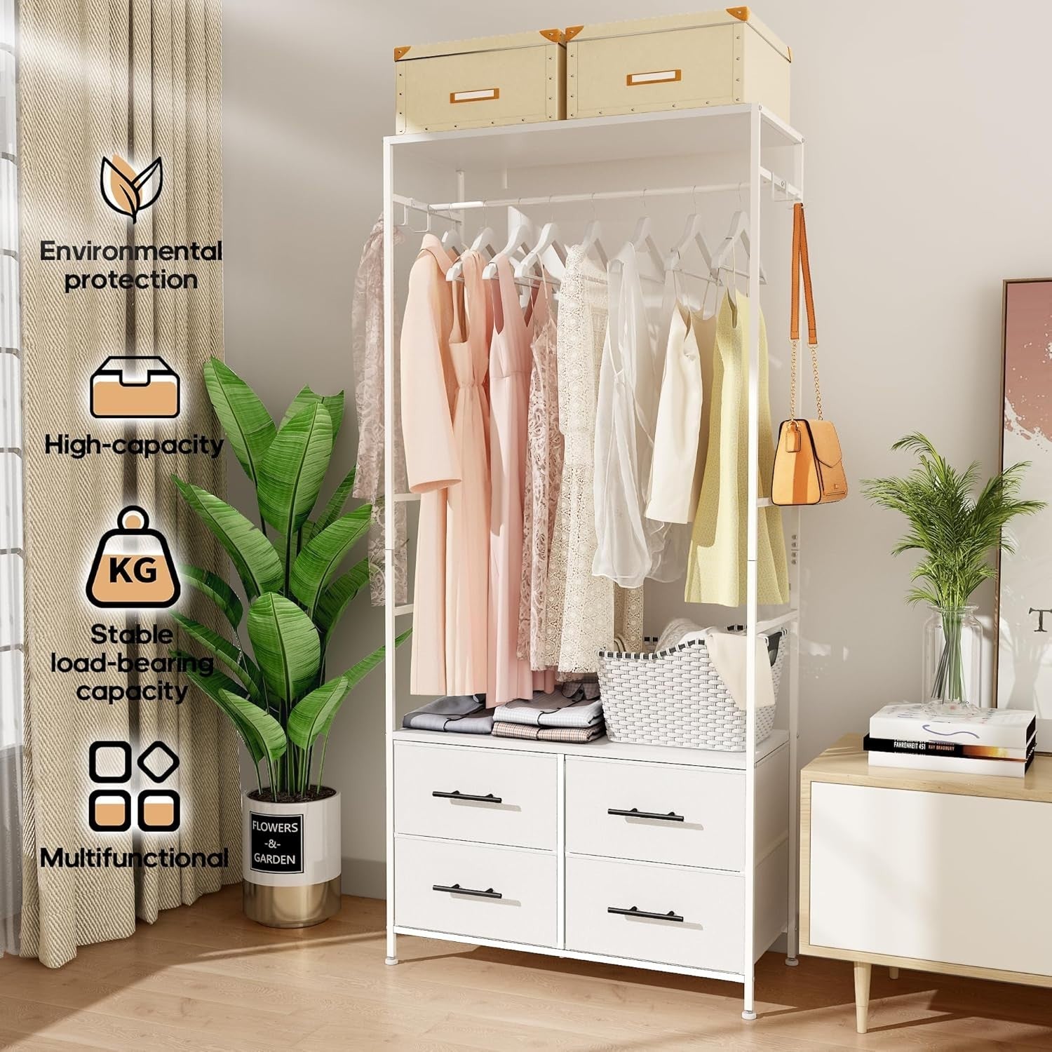 Open Wardrobe Clothes Rail with 4 Drawers & Hooks White