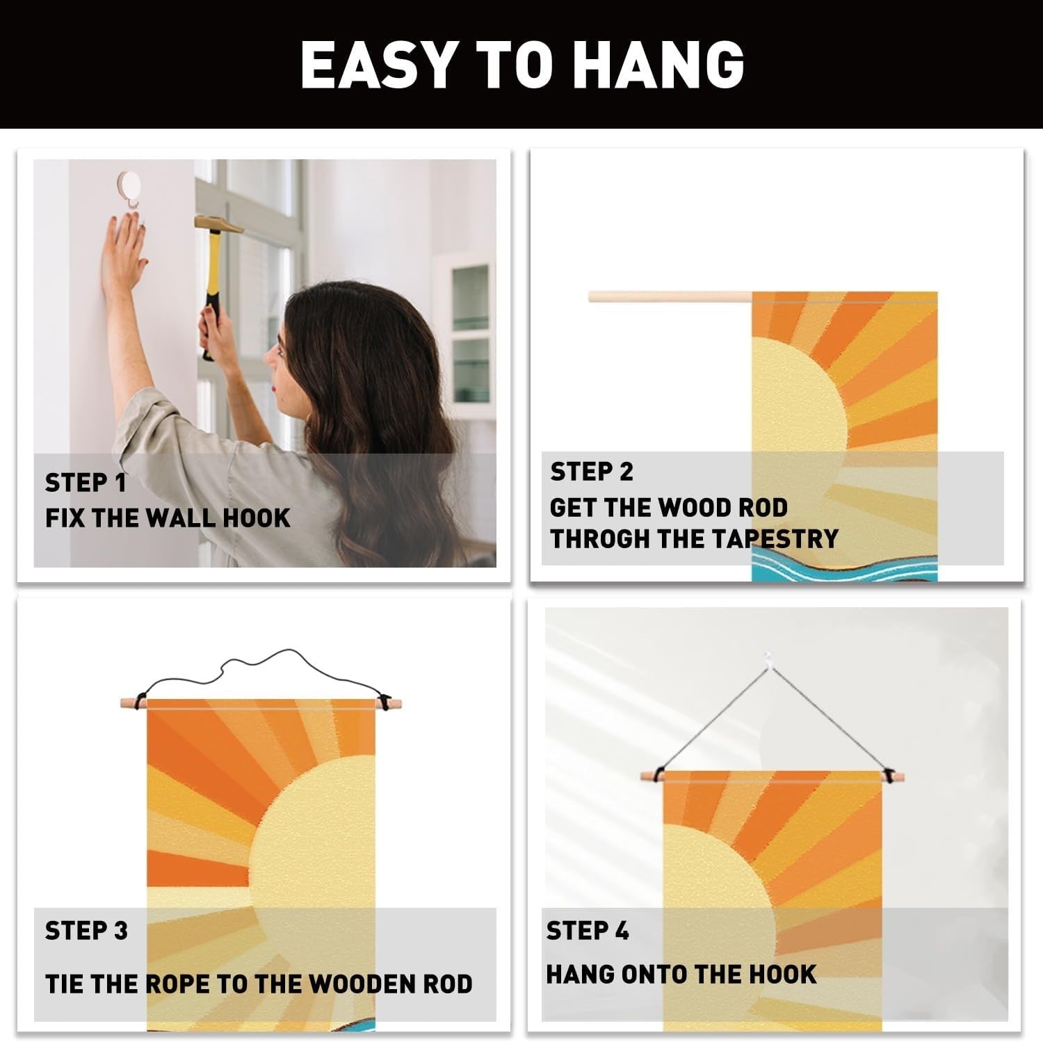 2-Pack Boho Sun Moon Tapestry 52"x13" Vertical Wall Decor 2 clrs