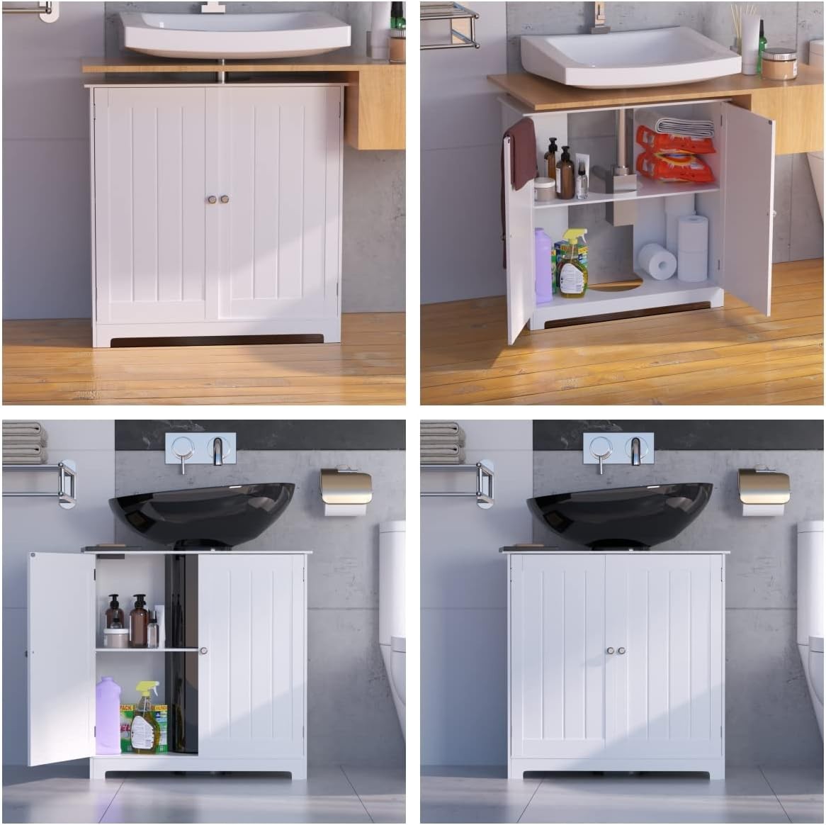 White Under Sink Bathroom Cabinet 57x30x61cm Waterproof Storage Cupboard