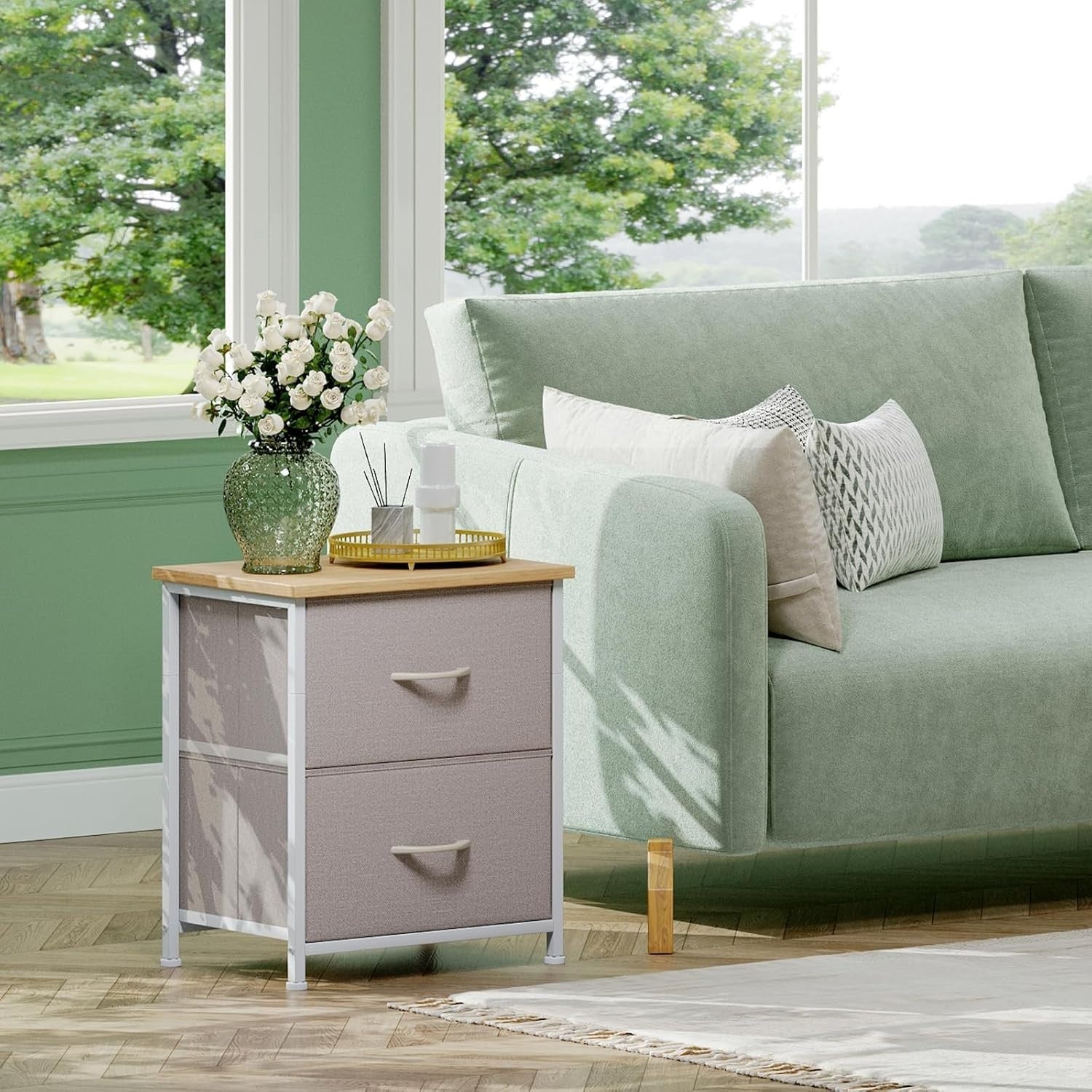 Modern Grey Bedside Tables Set of 2 with Fabric Drawers, Lightweight Cabinets