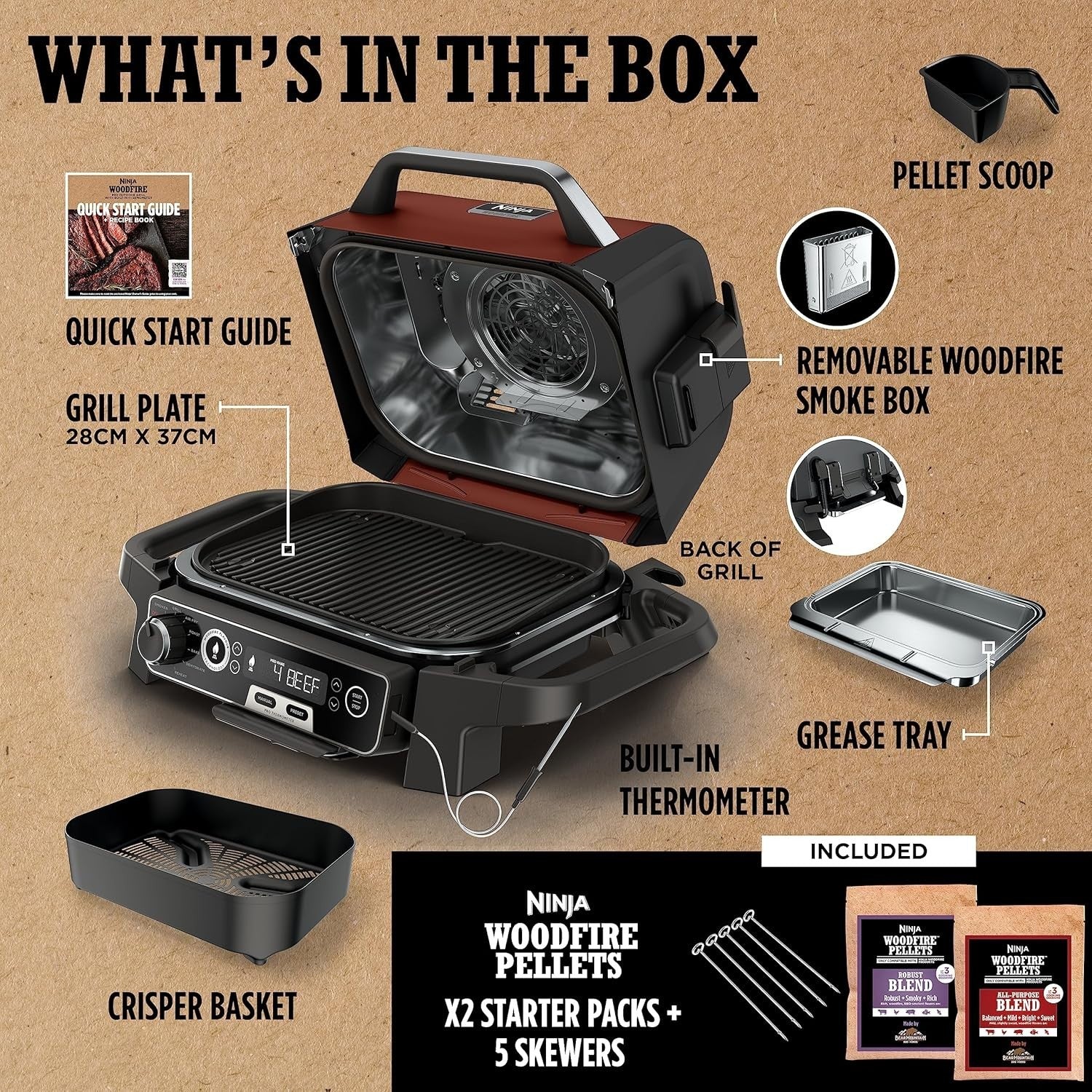 7-in-1 Electric BBQ Grill & Smoker with Digital Probe, Air Fryer & Woodfire