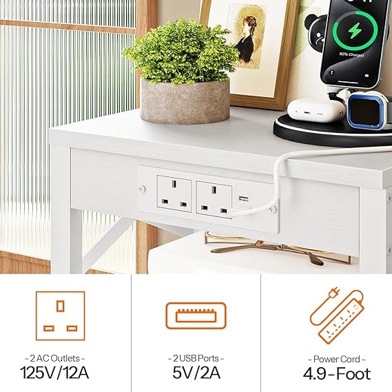 Modern White Bedside Table with Charging Ports, 2 Drawers & Open Shelf Storage