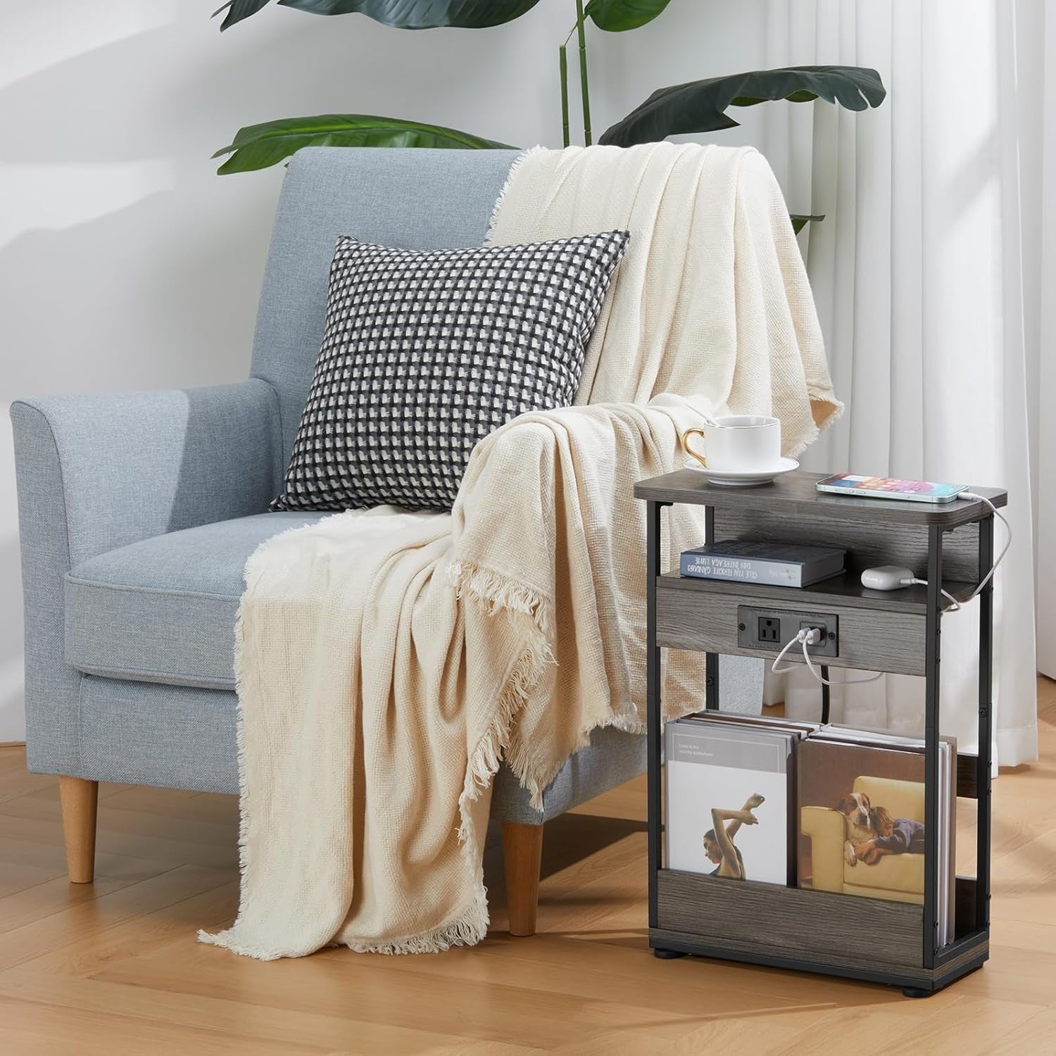 Grey Narrow Side Table with USB & Outlets – 3-Tier Slim Bedside Unit