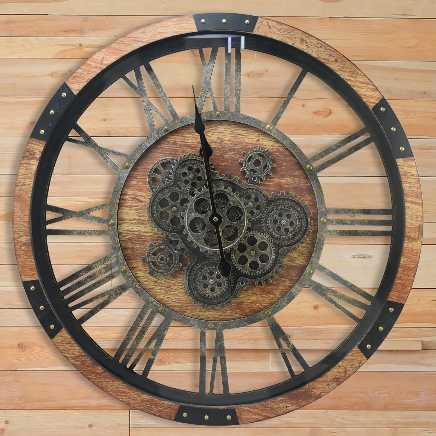 Vintage Industrial Large Wall Clock Rustic Steampunk Wooden Moving Gears