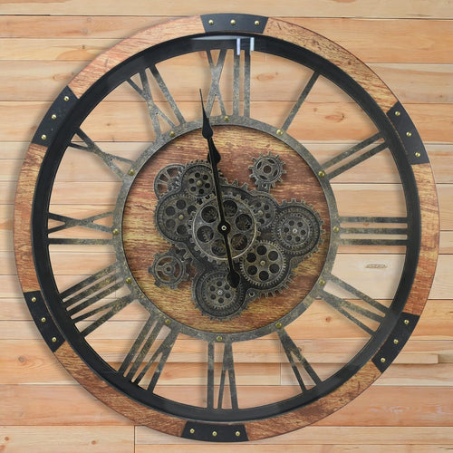 Vintage Industrial Large Wall Clock Rustic Steampunk Wooden Moving Gears