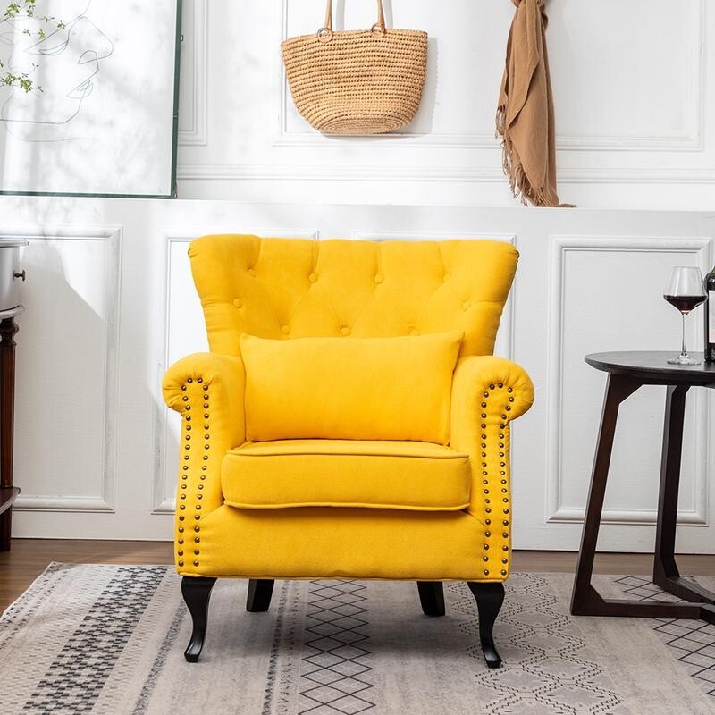Yellow Tufted Armchair with Lumbar Cushion Sofa Seat Nailhead Trim