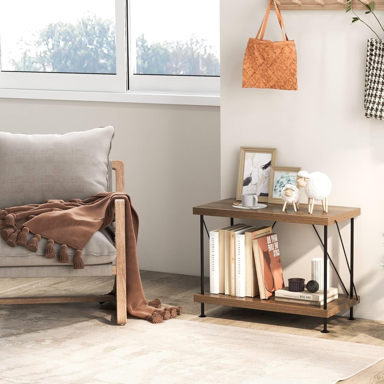 2-Tier Industrial Bookshelf Metal Frame Rustic Wood Storage Display Table Unit